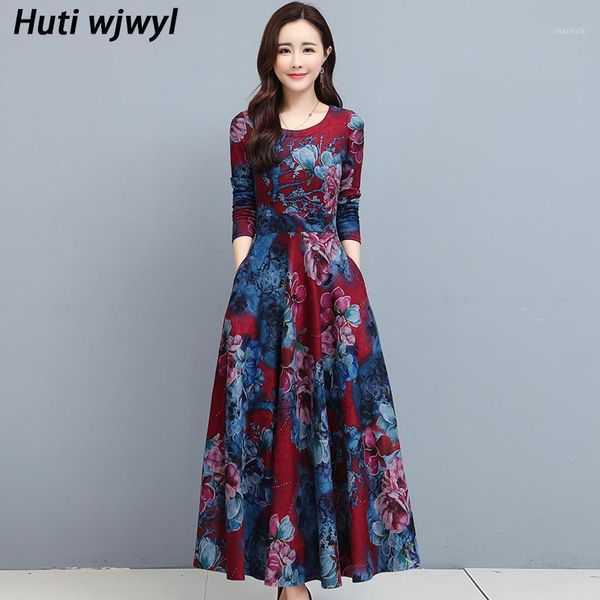 

plus size print floral vintage long dress 2021 spring autumn elegant women bodycon knit warm party runway maxi vestido casual dresses, Black;gray