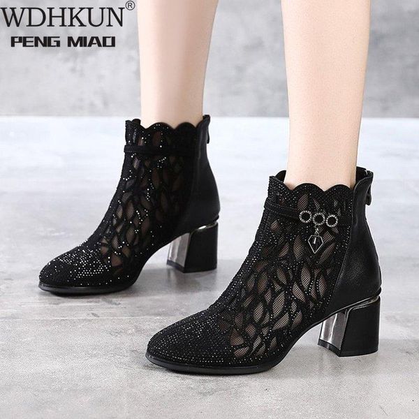 

boots women's spring 2021 fashion temperament rhinestone hollow mesh short wild breathable large size sandals, Black