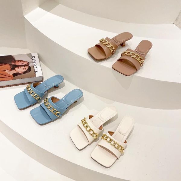 

summer women sandals slippers open toe slides casual beach shoes thin low heels metal chain blue white beige, Black