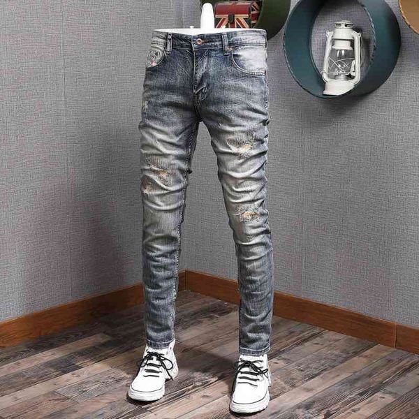 

men's jeans italian style fashion men retro blue wash elastic slim fit ripped denim pants patchwork vintage designer long trousers