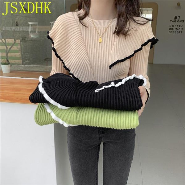 

women's sweaters jsxdhk basic bottoming knit sweater 2021 autumn ruffles pullovers long sleeve knitted patchwork hit color, White;black