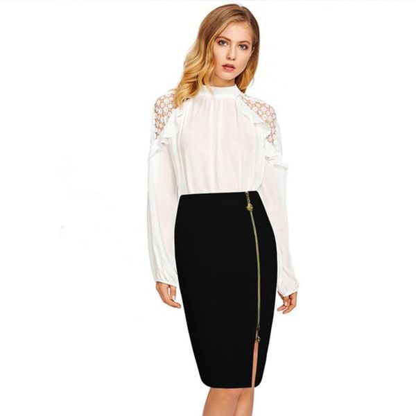 

skirts elegant women skirt knee length slim bodycon front zipper split high waist office plus size 3xl, Black