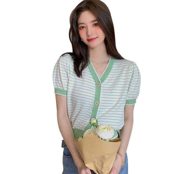 

women's t-shirt small fragrance thin knit cardigan women tee summer striped plaid short-sleeved v-neck short pure and sweet tshirt stre, White