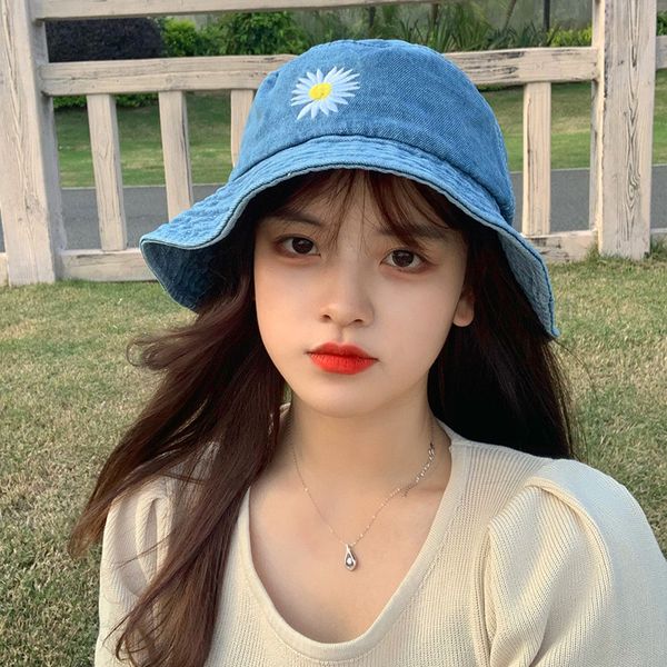 

hat female fisherman's hat summer thin korean fashion versatile brand show face daisy denim sunscreen, Blue;gray