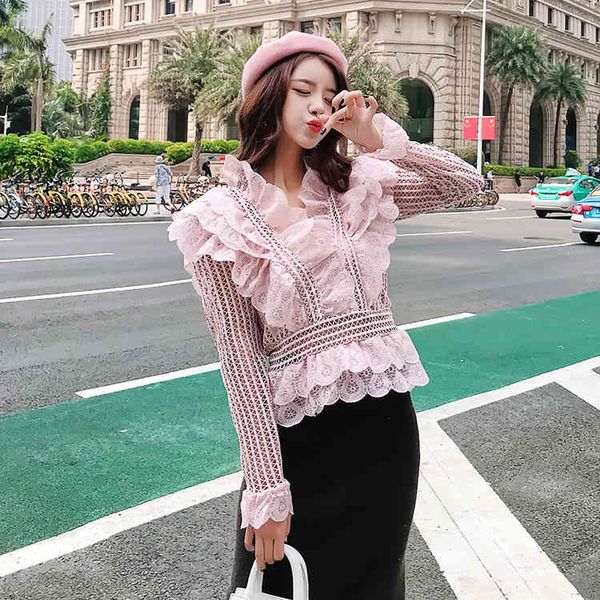

autumn hollow out lace ruffle v neck long sleeve tunic women blouses shirt ladies blouse korean fashion clothing, White