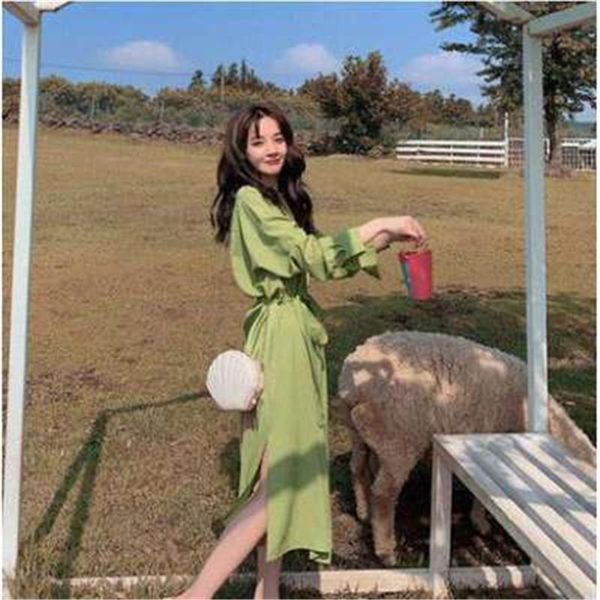 

casual dresses women long dress 2021 celmia fashion elegant lapel sleeve shirt bandage maxi autumn loose solid vestidos robe, Black;gray