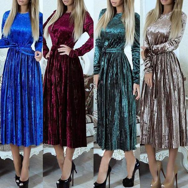 

women party dresses vintage pleated plus size long dress casual velvet blue red sleeve beach 2021 spring, Black;gray