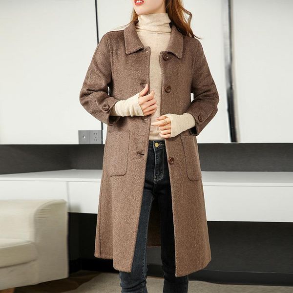 

women's wool & blends 2021 autumn winter elegant woolen coat women stripes long double-sided tweed hand-stitched thick outerwear high q, Black