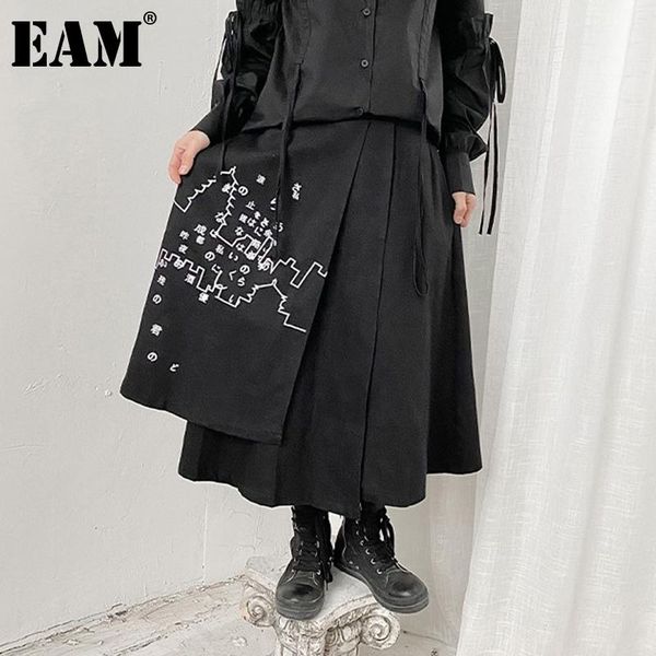 

skirts [eam] high elastic waist black irregular pattern printed half-body skirt women fashion tide spring autumn 2021 1dd6829