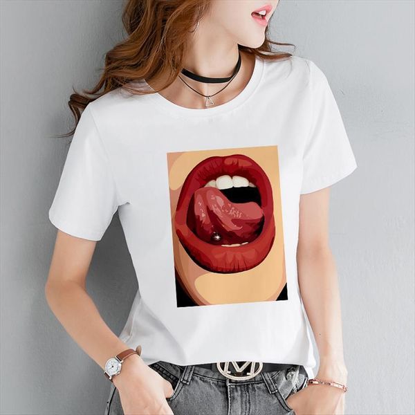 

beauty lips pattern womens t shirt printed summer leisure white harajuku female streetwear vogue clothing