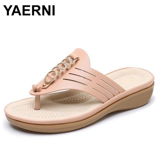 

slippers yaerni2021 women shoes bohemia summer woman thongs metal buckle flat slope with wedges breathable crystal beach, Black