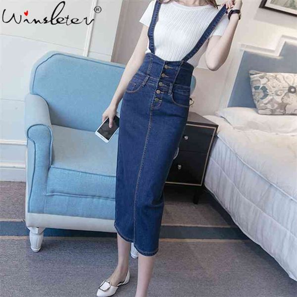 Spring Summer Suspender Saia Denim Saia Mulheres Casual Cintura Alta Cintura Longa Bezerro Adolescente Adolescente Plus Size S-5XL B03107B 210421