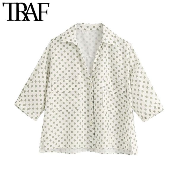 

women fashion polka dot cropped linen blouses vintage short sleeve side vents female shirts blusas chic 210507, White