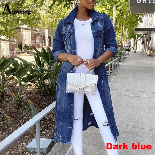 

trendy 2021 spring autumn long demin jackets women fashion basic coats hole ripped jeans jacket outerwear womens cothing women's, Black;brown
