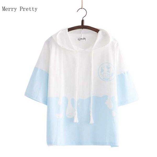 

women cartoon print patchwork hoodies summer short sleeve clothing drawstring hooded sweatshirts korean fashion female 210526, Black