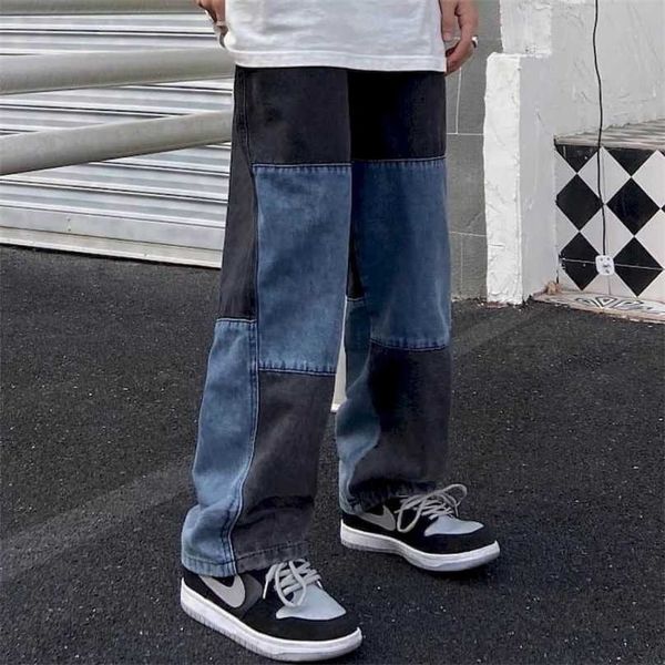 

arajuku jeans men denim pants couple straight pant vintage patchworked wide leg loose punk trousers streetwear goth 211111, Blue