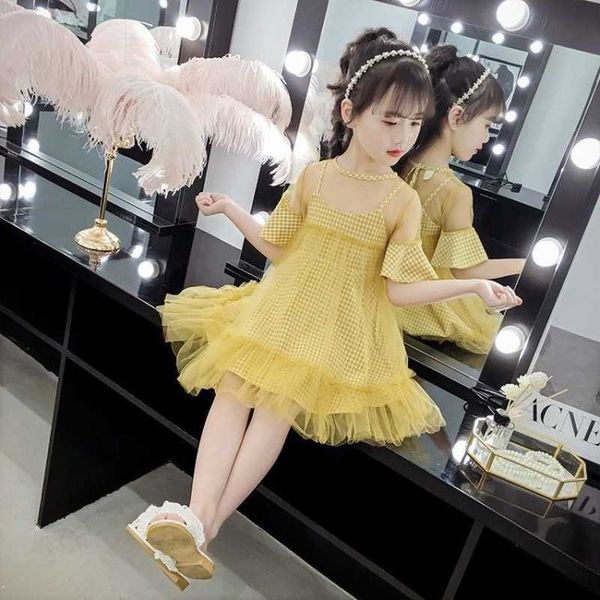 

for 2021 summer dress girls knee-length short sleeve mesh plaid princess dress clothing fashion casual children dresses 12 years, Red;yellow