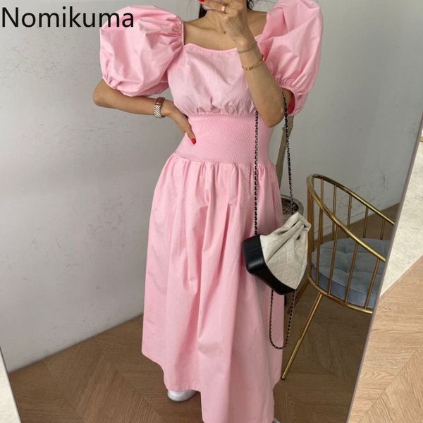 

nomikuma korean chic square collar dresses puff short sleeve elegant women dress slim waist a-line mid-calf vestidos femme 6g237 210427, Black;gray