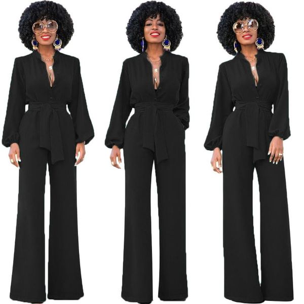 

women's jumpsuits & rompers fashion 2021 autumn women office party jumpsuit v neck long wide leg romper elegant sleeve work, Black;white