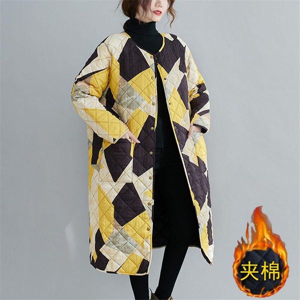 

women's jackets geometric block 2021 autumn winter clothes large size casual light thin cotton jacket women loose long quilted coat y13, Black;brown