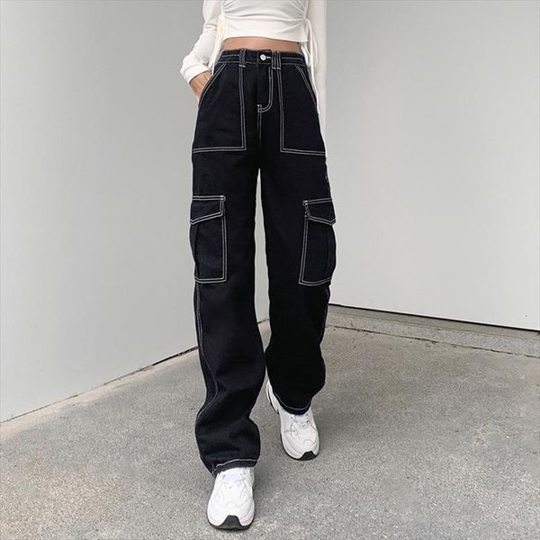 

straight wide leg jeans trendy women shorts stitching high waist relaxed fit denim pants with pockets laides spring autumn wear, White;black