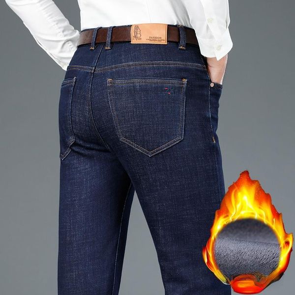 

men's jeans 2021 winter men warm fleece stretch casual straight thick denim flannel soft black pant trousers plus size 28-42, Blue