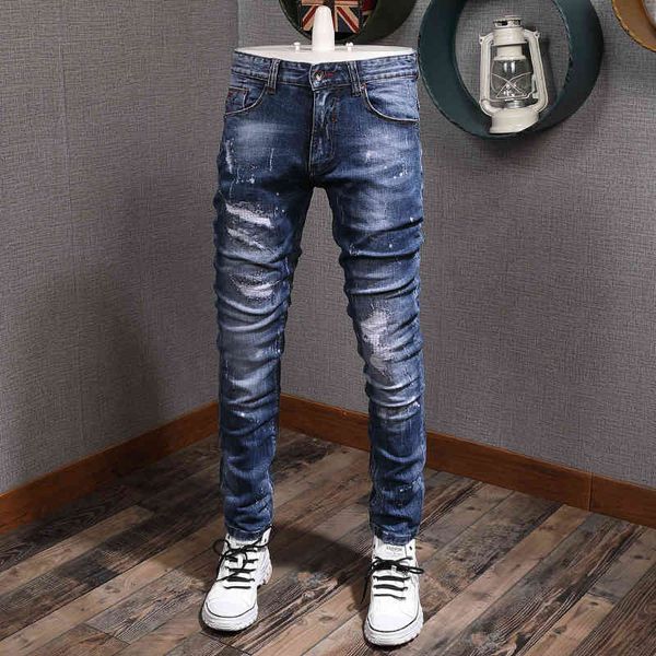 

jeans fashion streetwear men retro blue patchwork ripped jeans slim fit elastic vintage designer denim pants hombre