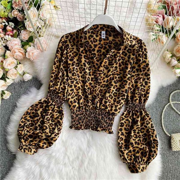 

spring and autumn leopard print waist short long sleeve button shirt women fashion temperament lantern sleeves uk223 210507, White