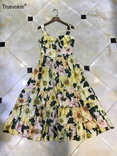 

truevoker summer runway prom dres yellow flower print midi spaghetti strap vestidos resort ruffle cake party 210602, Black;gray