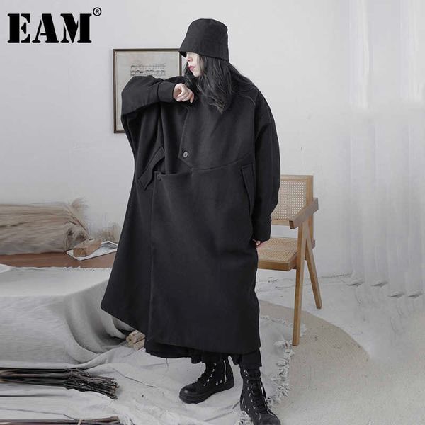 

[eam] loose fit asymmetry irregular oversized woolen coat parkas long sleeve women fashion tide autumn winter 1dd0580 210930, Black