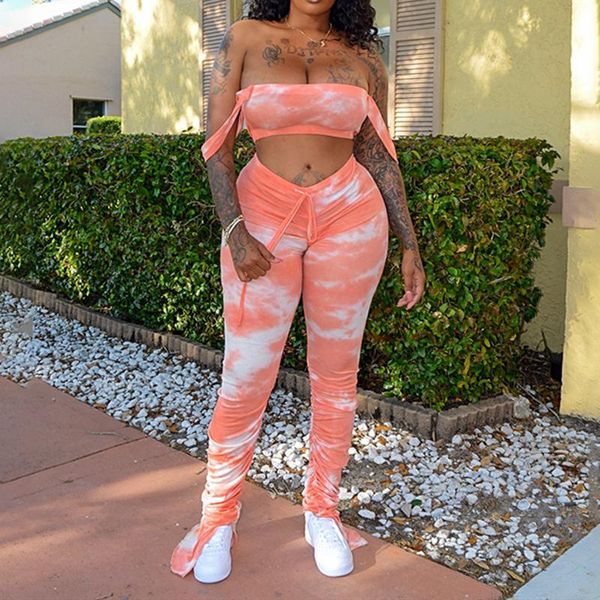 

women's tracksuits tie dye print hollow summer beach two piece set with panties women off shoulder crop ruffle wide leg pants clubw, Gray