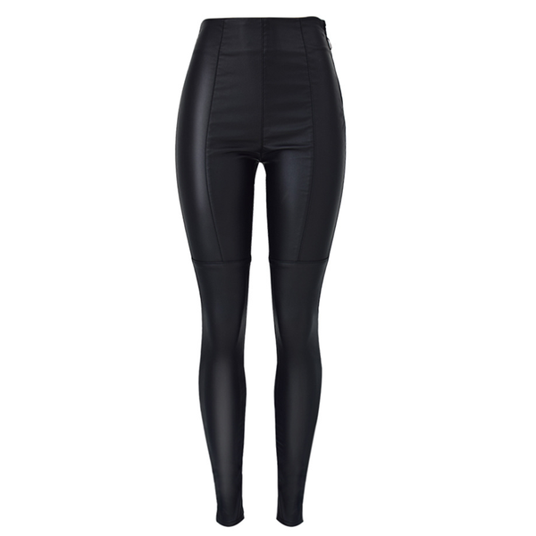 

women's pants & capris mom side zip high waist slim stretch coated pu faux leather denim, Black;white