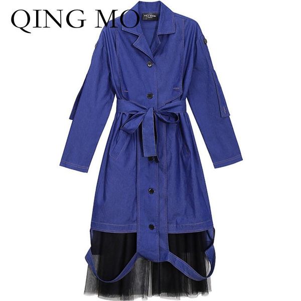 

casual dresses qing mo 2021 spring autumn women denim jacket dress loose large size gauze stitching trend street style zwl241, Black;gray