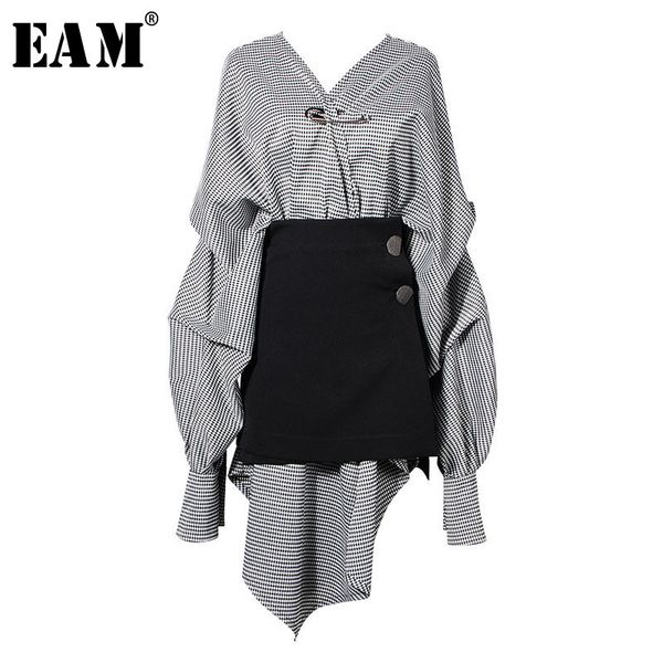 

eam women black plaid irregular stitch big size dress new v-neck long sleeve loose fit fashion tide spring autumn 2021 jg892, Black;gray