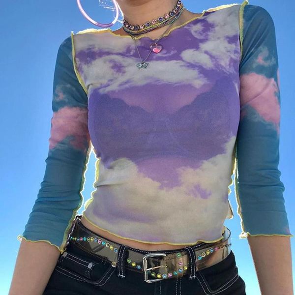 

women's t-shirt cloud print mesh tshirt women crop transparent casual summer patchwork tee shirt femme camiseta 2021, White