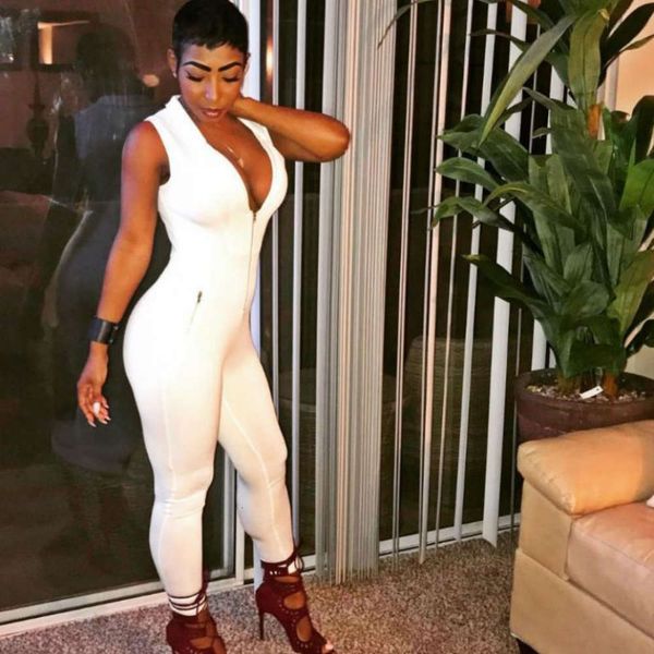 

2021 trend new women's wear pure white deep v-neck zipper jumpsuit, Black;white