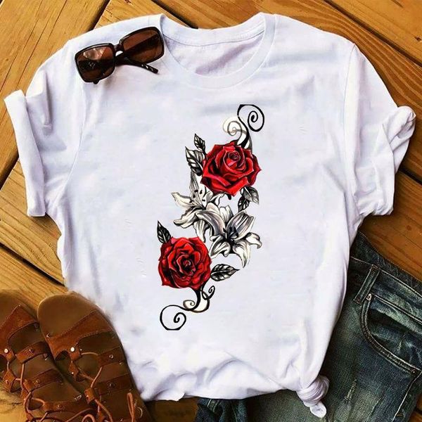 

women's t-shirt women 2021 cartoon love rose print fashion t shirt womens aesthetic clothes ladies graphic tshirts female tee, White