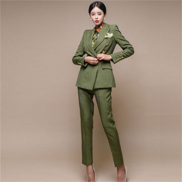 

women's two piece pants autumn double breasted blazer slim plaid pant suits 2 set for coats office outfit mwoc, White