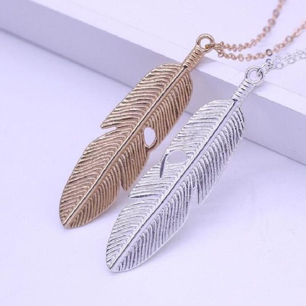

pendant necklaces kingdeng necklace long women pendent fashion jewelry leaves feather sweater chain gold punk gothic statement, Silver