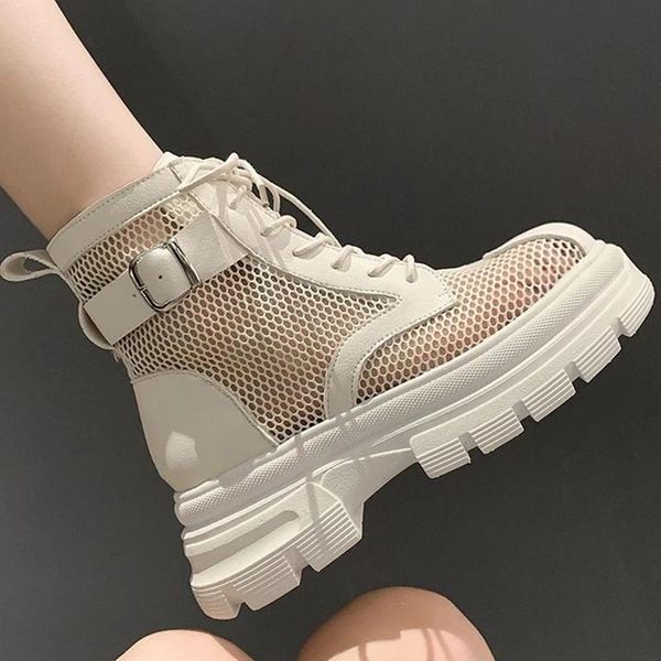 

boots women's mesh white female black ladies ankle chunky boot summer spring platform hole shoe for women 2021 mujer botin bota