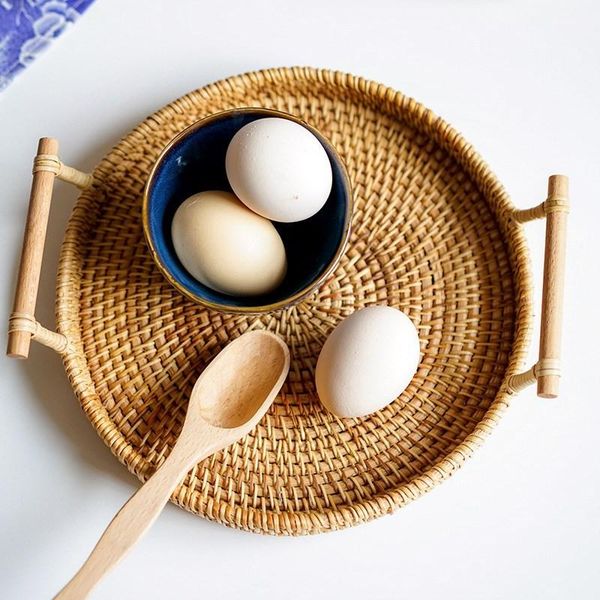 

woven wicker basket rattan platter dinner serving trays storage tray with handle hand round bread fruit breakfast baskets