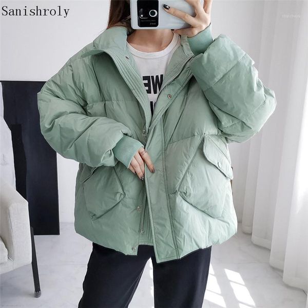 

women's down & parkas 2021 autumn winter bread coat women warm thicken white duck jacket female stand collar casual loose oversize outw, Black
