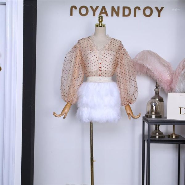 

two piece dress 2021 winter puff sleeve v-neck embroidery flower mesh shirt + high waist feathers fluffy skirt two-piece suit, White