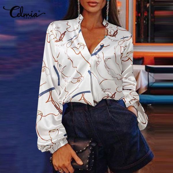 

women's blouses & shirts 2021 celmia women fashion satin vintage chain printed lantern sleeve elegant cross v neck casual loose party, White