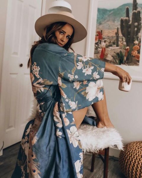 

vintage bohemian v neck peacock flower print women coats kimono shirt ethnic lacing up sashes long cardigan loose blouse femme, Tan;black
