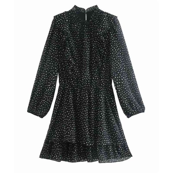 

women vintage summer print mini dress long sleeve cascading ruffle chiffon lining female elegant fashion dresses vestidos 210513, Black;gray