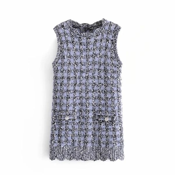 

vintage french blue plaid sweater dress women sleeveless winter mini knitted woman slim elegant es 210519, Black;gray