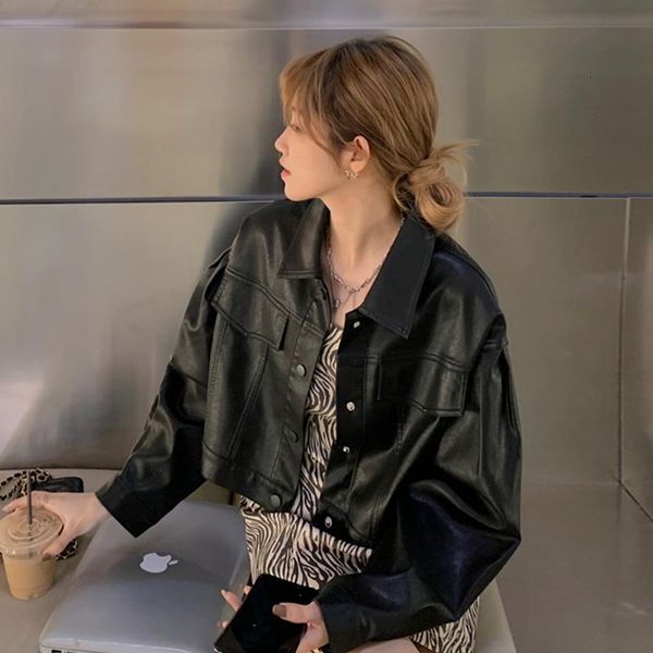 

women's leather & faux leather jacket, short coat and korean-style for women winter 5psw, Black