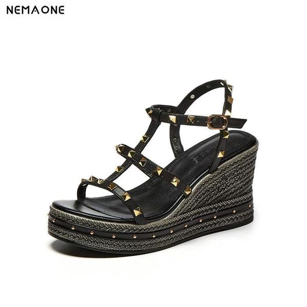 

wedge high heel buckle sandals genuine leather fashion women shoes platform summer ladies pumps big size 34-40, Black