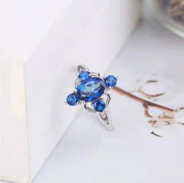 

cluster rings 925 silver 6x8mm natural tanzan blue z ring, Golden;silver